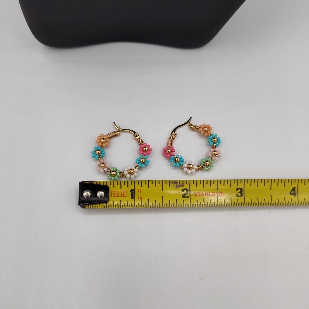 NWOT Handmade Floral Hoop Earrings with Multicolor Accents - Picture 4 of 5